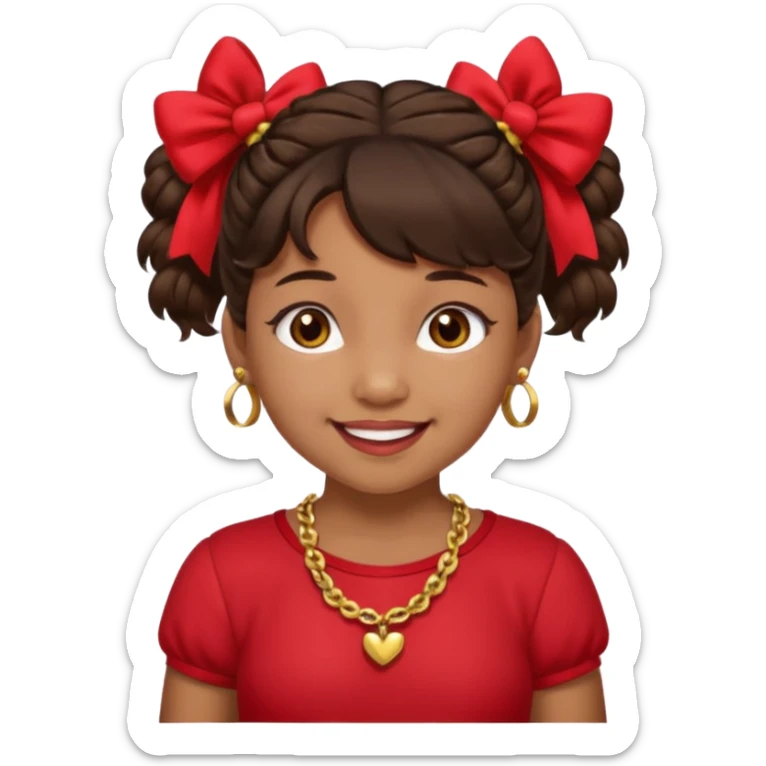 Brownskin girl dark brown hair fluffy. pigtails with red bows brown eyes smiling closed mouth red shirt gold esrrings gold necklace sticker