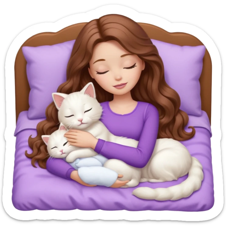 White Barbie girl  Chestnut Chestnut brown long wavy hair sleeping with white kitty at lavander bed sticker