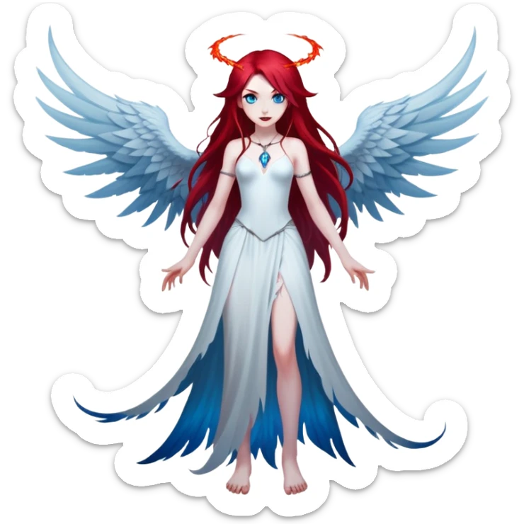 full body portrait of an extremely diabolical girl with pale white skin, massive towering wings, very long flowing blood red hair, glowing blue eyes, black hellfire aura, completely plain head with no accessories or features except hair, evil grin, no necklace sticker