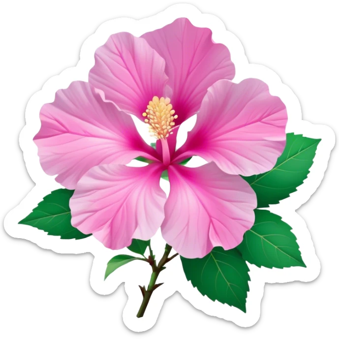 Cinematic Realistic image of a Mugunghwa flower (Rose of Sharon), rendered with delicate petal textures and vibrant pink hues, set against a minimalist background with gentle, diffused lighting that highlights its national significance sticker
