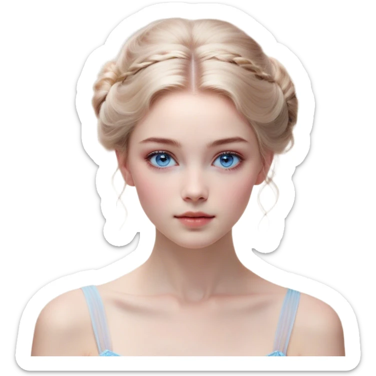 Cinematic Realistic Cinderella Portrait, depicted with lifelike skin texture, subtle rosy undertones, and soft natural lighting that enhances the gentle contours of her face. Her intricately detailed golden blonde hair is elegantly styled in an updo, with delicate wisps framing her face. Her deep, expressive blue eyes radiate warmth and sincerity, reflecting a quiet resilience and grace. She holds a glass slipper gently in one hand, her other hand resting gracefully at her side, emphasizing the timeless beauty of the moment. She is dressed in her iconic ball gown, the fabric shimmering with intricate embroidery and fine translucent layers that catch the light beautifully. The soft sheen of satin gloves adds a magical touch to her graceful pose. The portrait features an enchanting glow with a natural, luminous finish, seamlessly blending realism and fairytale charm to evoke a sense of depth, elegance, and timeless beauty. sticker