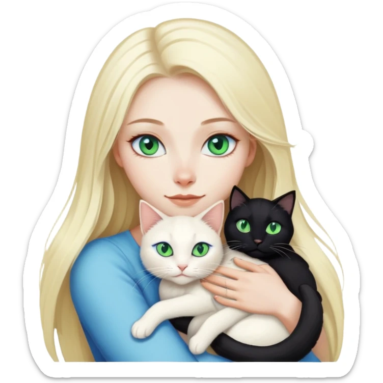 pretty woman with pale skin and blue eyes, very long blonde hair  hugging a white and black cat with green eyes sticker