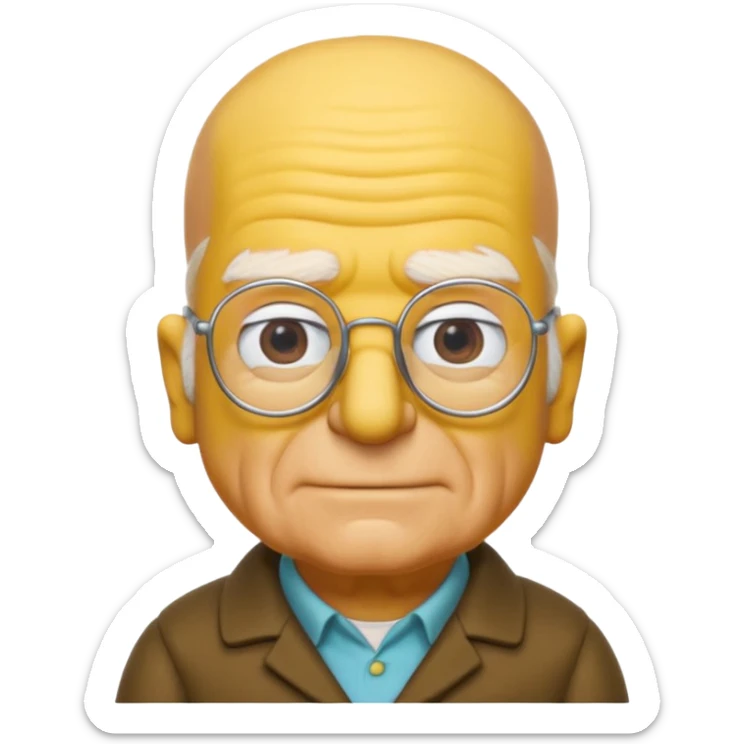 A 3D cartoon close-up of Grandpa Abe Simpson from The Simpsons, rendered in Memoji-style with bald yellow head, white tufts of hair on the sides, wrinkled face, glasses, and warm lighting. Match the Simpsons family color tone and style. sticker