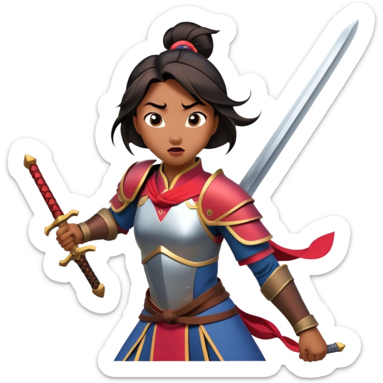 Cinematic Funny Mulan Portrait Emoji, Wearing her training armor too big, looking surprised as a sword nearly topples her over, a mix of warrior determination and hilarious inexperience, a comical yet endearing moment in her transformation! sticker