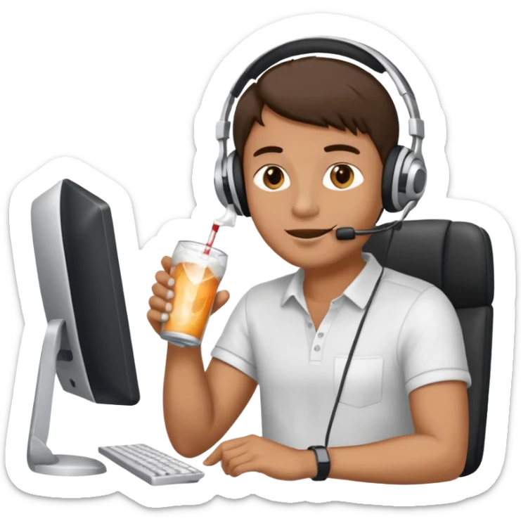 Hombre tomando blanco un refresco frente a un ordenador sticker