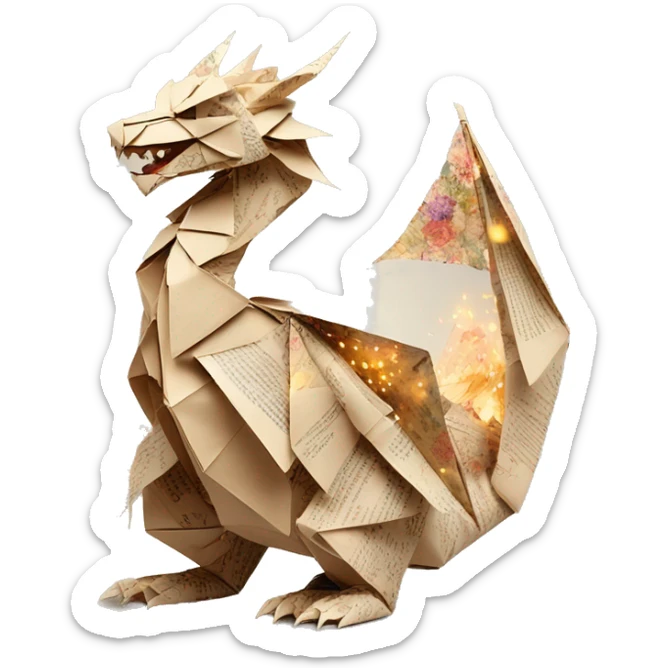 Beige Origami dragon made of newspapers on fire surrounded by fairy lights swirls covered in dried flowers bokeh library bunting floral flowers fire flames sticker