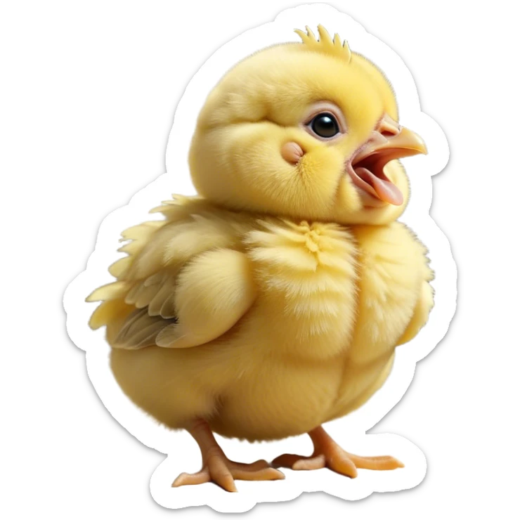 Cinematic Cute Yawning Yellow Baby Chicken Portrait Emoji, Head tilted slightly with a dramatic, wide-open yawn, showcasing a soft, downy yellow coat with little drooping wings, round beady eyes barely open in drowsy contentment, Simplified yet irresistibly adorable features, highly detailed, glowing with a soft, cozy glow, high shine, relaxed yet expressive, stylized with a touch of whimsical charm, bright and endearing, soft glowing outline, capturing the essence of a sleepy yet affectionate chick, so drowsy it feels like it could stretch out of the screen and curl up for a nap! sticker