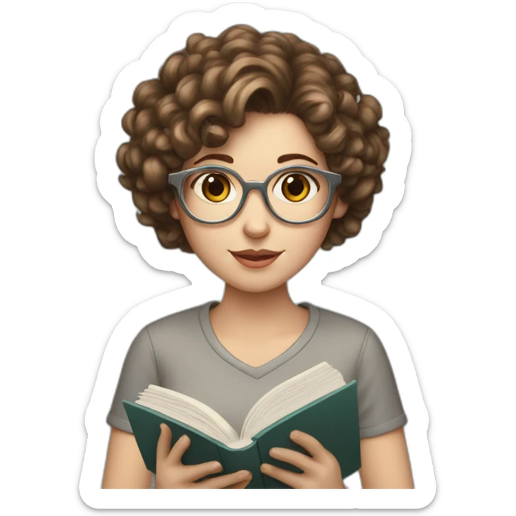 white girl with round silver glasses and really short brown curly hair reading a book sticker