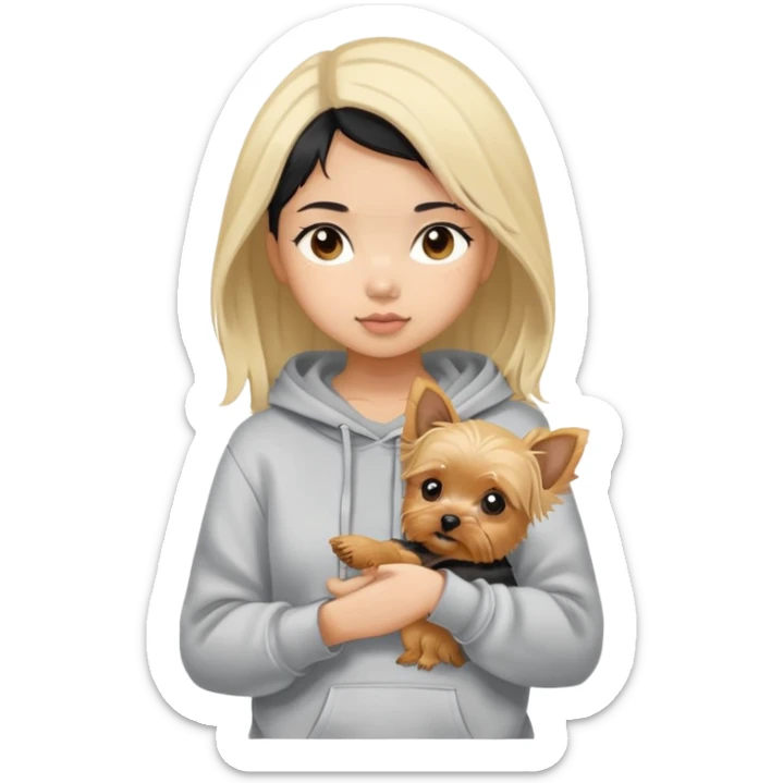 a black-haired Chinese girl in a gey hoodie with a blonde yorkie puppy sticker