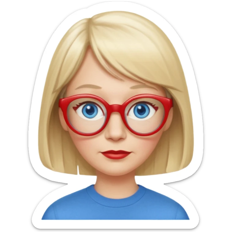 50 yr old white woman, pale skin, long straight blond hair parted in center, blue eyes, bangs, clothes for school, big red glasses, oval face, long face sticker