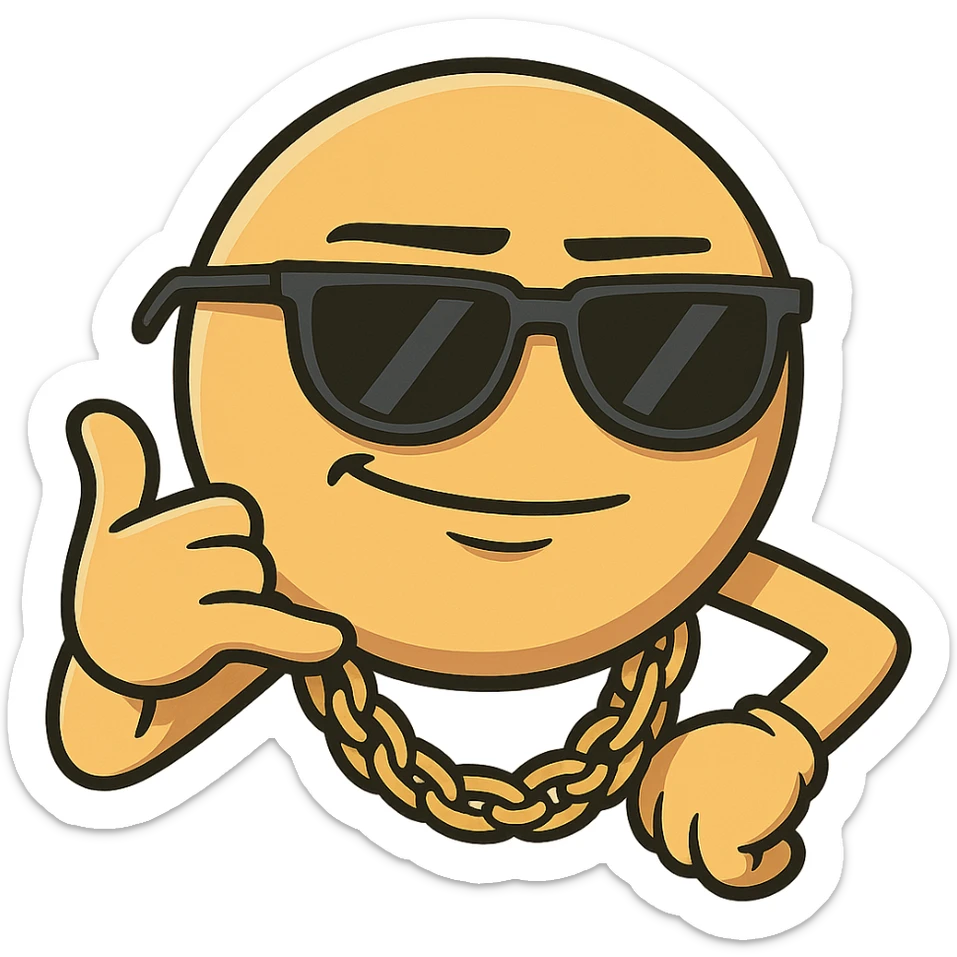 emoji with sunglasses and gold chain, cool attitude, urban cartoon style sticker