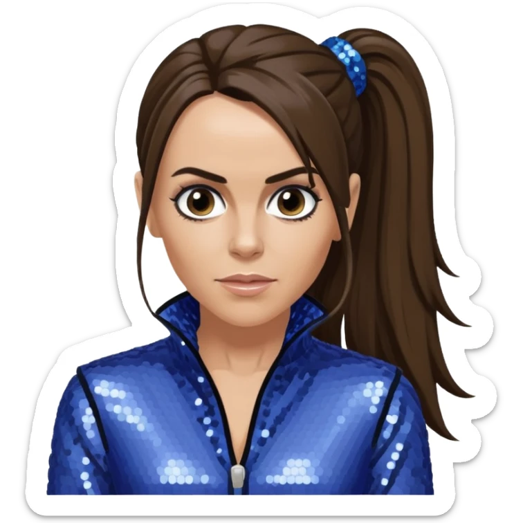 Mel C from Spice Girls with long dark brown ponytail hair, perwinkle sequin outfit, light skin sticker