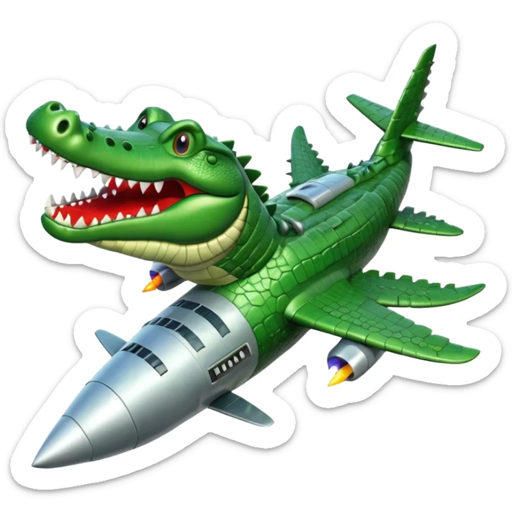 Head of Crocodile with body like a bombardier, bomb, and airplane elements. Green crocodile, steel/metal accents. Flying through the air, grinning, with a rocket below. Dynamic, fun, a bit fierce sticker