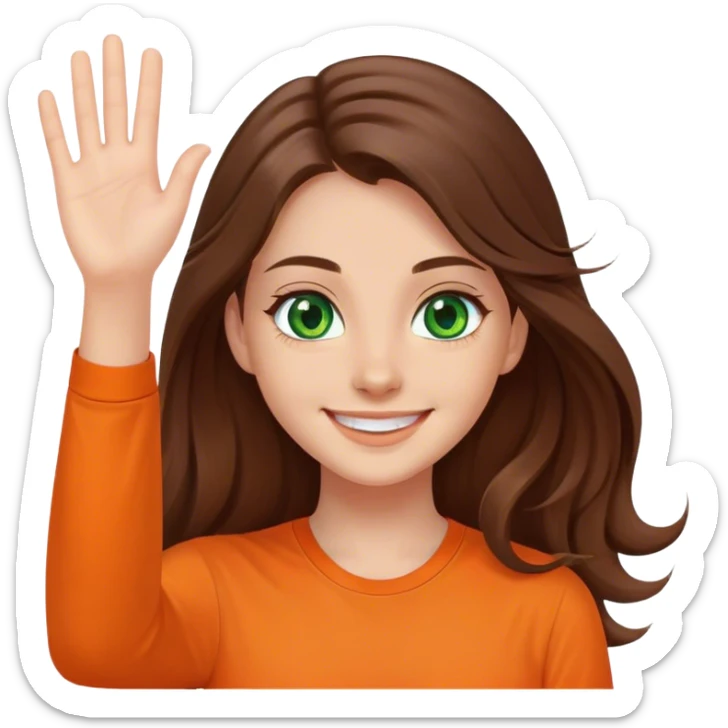 smiling girl with long brown hair, middle hair split, waving, green eyes, orange shirt sticker