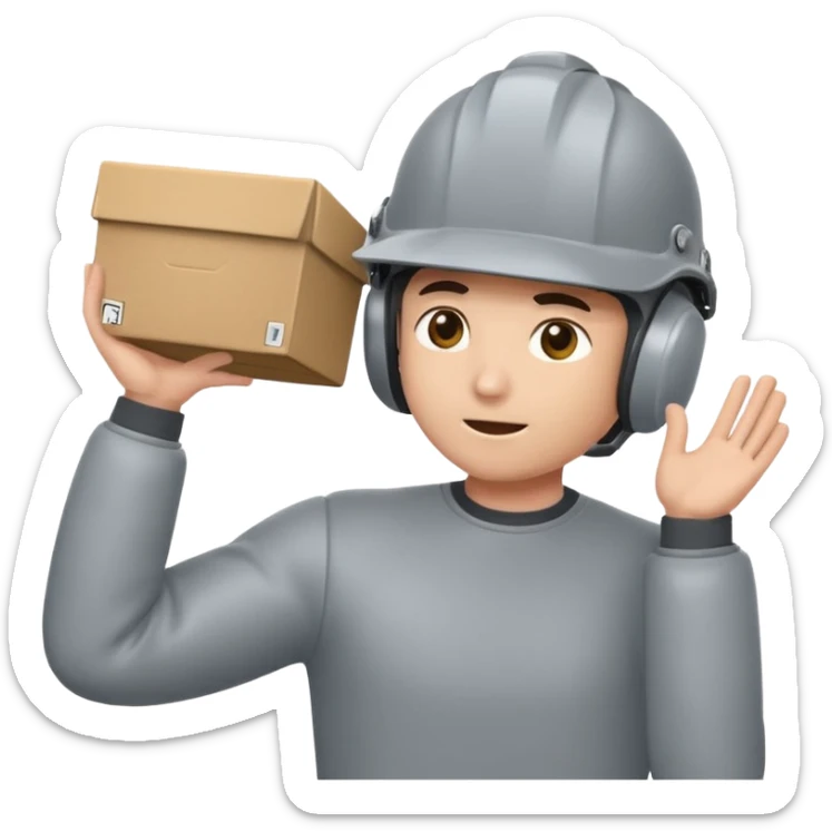 Tengo que dar una capacitacion de orgonomia, necesito un emoji de un operario con casco blanco y buzo gris de manga larga que levante una caja cerrada con las dos manos a la altura de los hombros y que tenga cara de esfuerzo fisico sticker