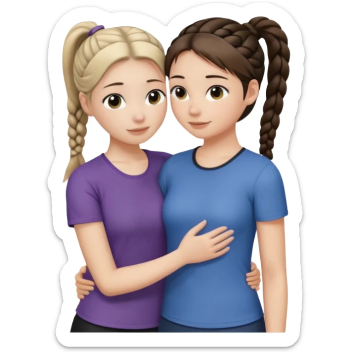 Comforting Hug two white skin women, one shorter woman with medium brown simple top ponytail, not braided, and one taller woman with a single long black side braid sticker