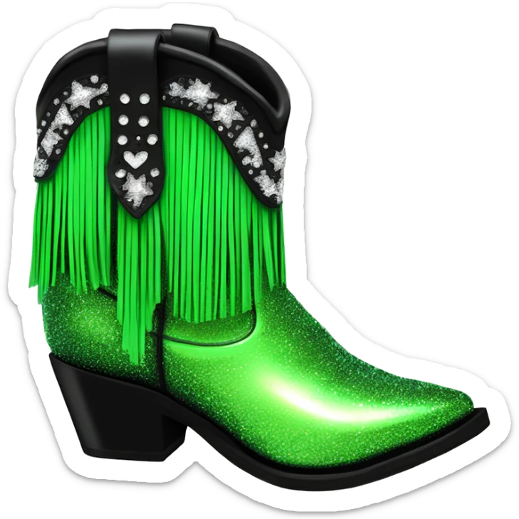 Realistic neon green to black ombre pair of fashion cowgirl boots with sparkly shiny glitter fringe on them. sticker
