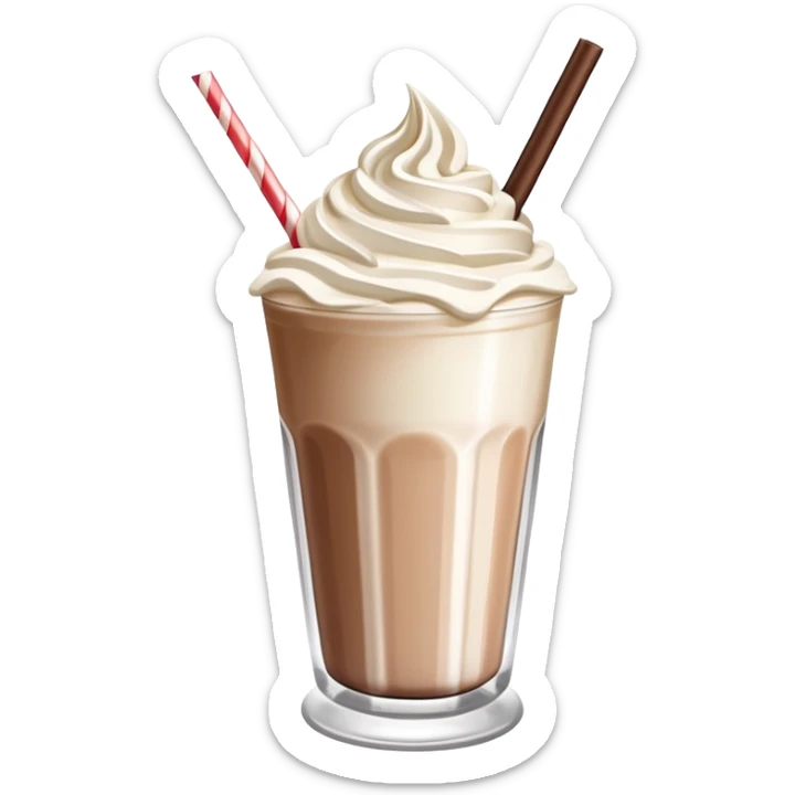 A thick, creamy milkshake in a tall glass with whipped cream on top and a straw sticker