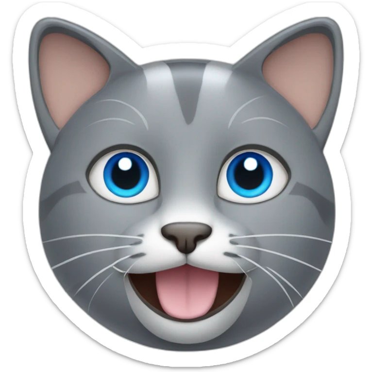 a happy gray cat with blue eyes and a ball blue and yellow volleyball sticker