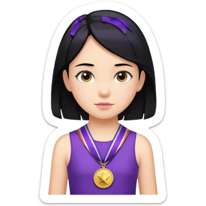 Girl child with black hair, purple dress and many medals on neck sticker