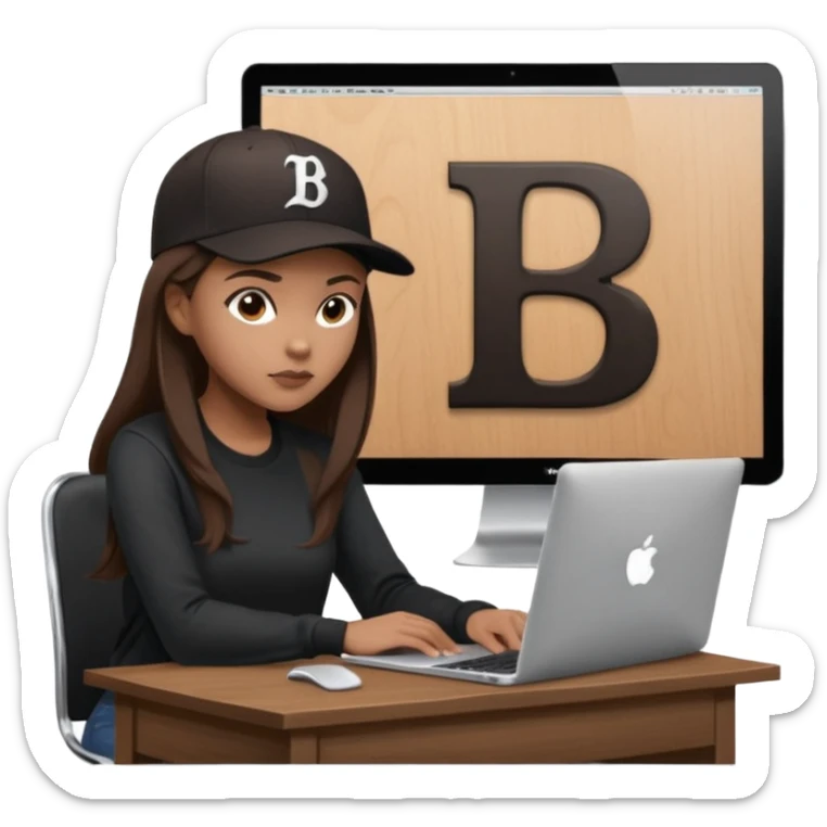 A professional 3D avatar of a young woman with light brown skin and long, dark brown hair, wearing a dark, long-sleeved shirt and a black baseball cap with a prominent white 'B' logo. She's sitting at a sleek wooden desk, typing on a silver MacBook. sticker