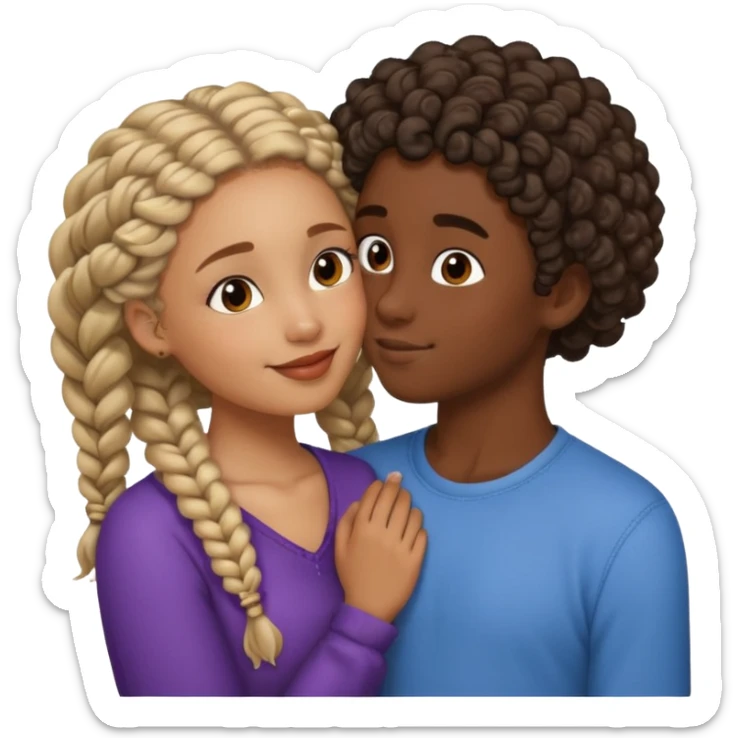 darkskin girl with braids kissing light skin boy with curly hair sticker