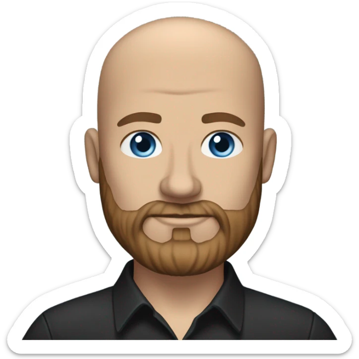 Bald, Caucasian, sky-blue-eyed, Psychotherapist in a modern colorful chair. He has a brown full beard and he’s Wearing a black dress shirt with a subtle pattern, blue jeans and black Chelsea boots with his legs separted leaning forward grey in goatee sticker