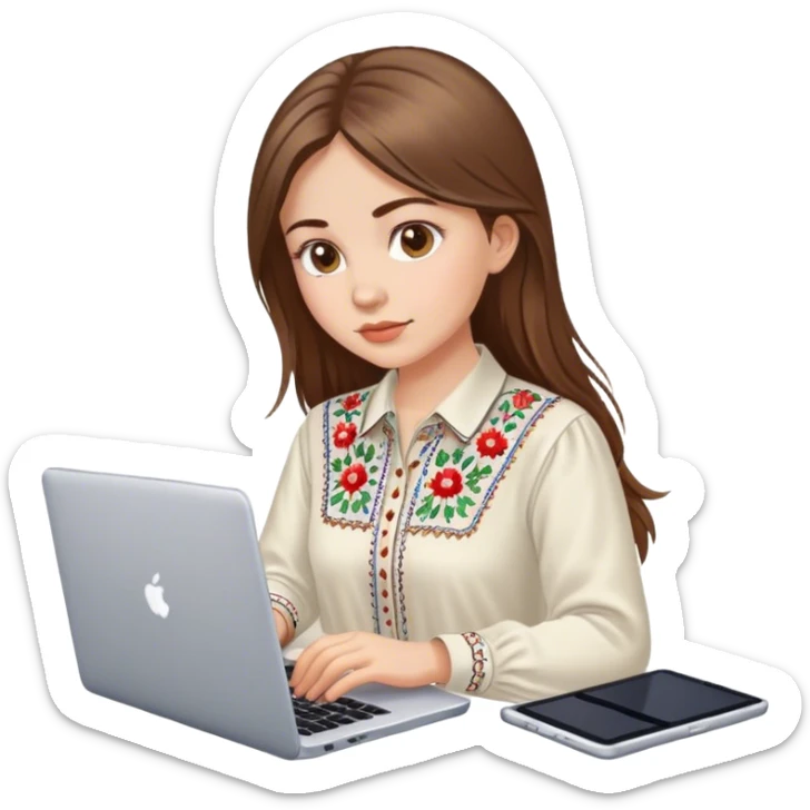 A Ukrainian girl with brown hair in an embroidered shirt works at her laptop sticker