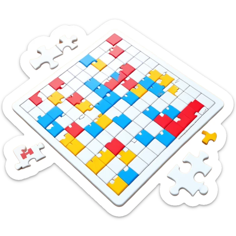 A photorealistic icon with a colorful, fragmented puzzle piece, a crossword magazine, a 3D puzzle, and a partially completed puzzle on a table. Bright, detailed design with realistic lighting. Transparent background, clearly symbolizing puzzles and brain games. sticker