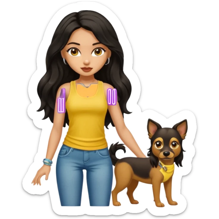 a tan pretty bratz girl with long wavy black hair, wearing a yellow tank top with a street dog sticker