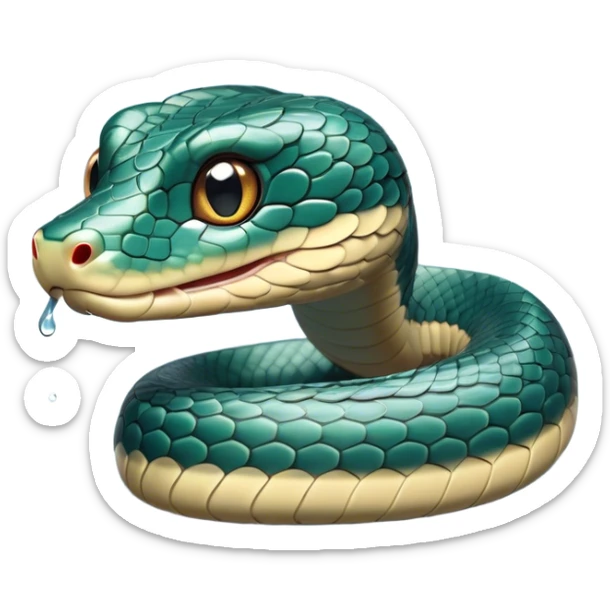 Cinematic Cute Chinese Water Snake Portrait Emoji, Head tilted playfully and inquisitively, with a compact, lithe form and a smooth, shimmering coat in subtle aquatic hues, round, sparkling eyes filled with curious fluidity, Simplified yet irresistibly adorable features, highly detailed, glowing with a warm, friendly glow, high shine, affectionate and agile, stylized with a touch of aquatic whimsy, soft glowing outline, capturing the essence of a mischievous yet loving water snake that feels like it could slither out of the screen into your arms! sticker