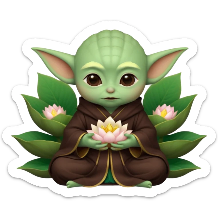 Baby Yoda con su tunica chocolate oscuro sentado dentro de una flor de loto estilo chino sticker