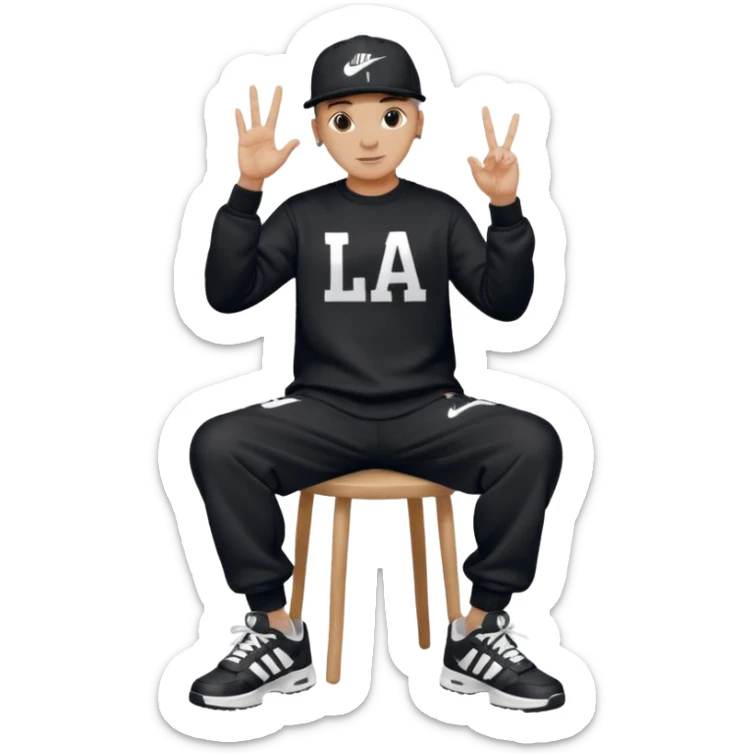 Crea Un Emoji De Cuerpo Completo Que Sea Hombre Con Corte Alucin Que Tenga Gorra Nike, Suéter Negro Que Tenga La Letras LA El La Parte Del Corazón, Zapatos Adidas Con Una Palomita✅, Pantalón Ancho O Bellaco Con Unos Diseños De Palomas Blancas Y Asiendo Una Pose Con Su Mano Que Sea Está 🤙🏽. sticker