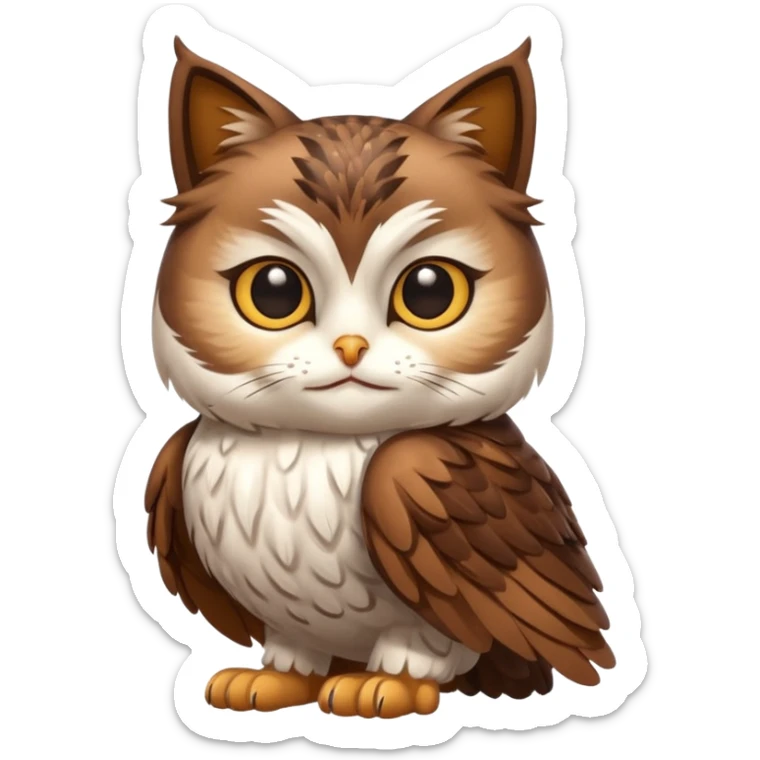 crea un gato con alas de búho con pelaje color cafe y blanco y que este con las alas cerradas y sin ningun objeto en las alas sticker