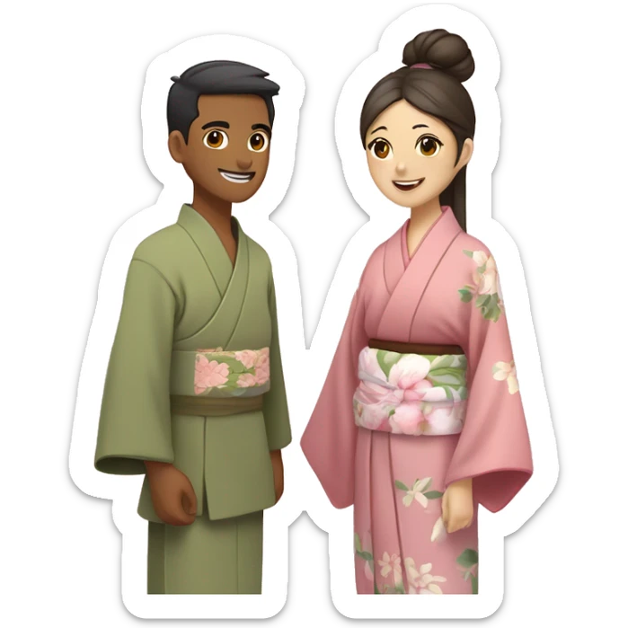 asian couple in kimono - man wearing kimono with olive green inside and brown outside and beige fabric belt, woman with long hair in bun with accessories wearing light pink kimono with pastel florals of different colors sticker