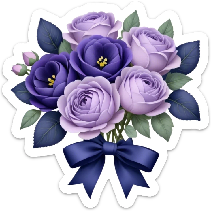 A hand-tied bouquet of soft lilac roses, pale violet peonies, and deep indigo pansies, bound with layers of vintage lace and a faded purple silk bow, rests upon a carved wooden vanity, beside an antique silver heart-shaped mirror reflecting the timeless beauty of love’s gentle touch. sticker