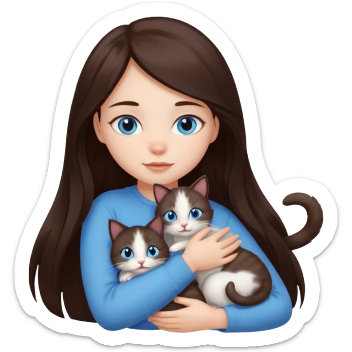 a pretty girl with long dark 
brown hair, with blue eyes, hugs 3 different natural coloured small cats sticker