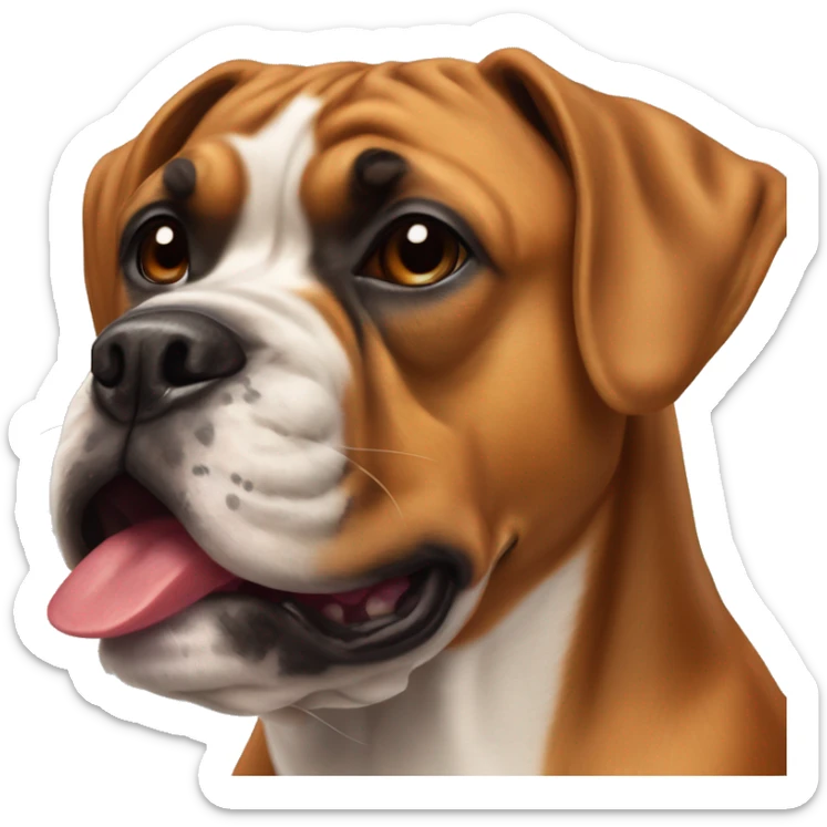 Senior boxer dog with single canine tooth sticking out of her closed mouth.  sticker