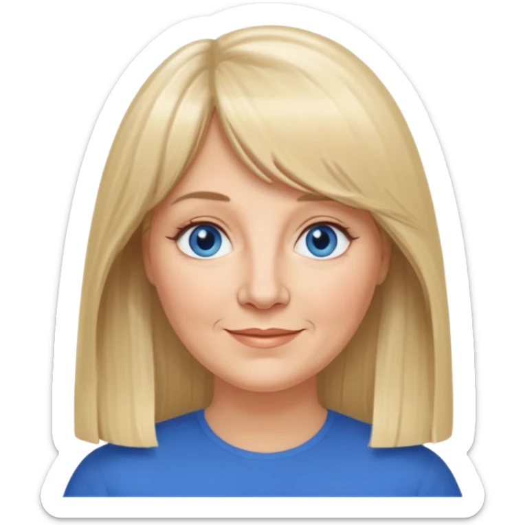 50 yr old white woman, curtain bangs, very long straight blond hair, oval face, small smile, blue eyes, slightly chubby face sticker