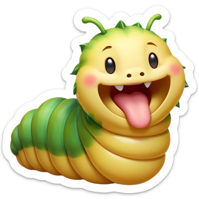Cinematic Adorable Yawning Caterpillar Portrait Emoji, Head tilted slightly with a dramatic, wide-open yawn, showcasing a plump, segmented body with softly drooping edges and sleepy, half-closed eyes, Simplified yet irresistibly cute features, highly detailed, glowing with a soft, cozy natural glow, high shine, relaxed yet expressive, stylized with a dash of whimsical transformation charm, soft glowing outline, capturing the essence of a drowsy caterpillar that appears ready to stretch and yawn its way out of the screen! sticker