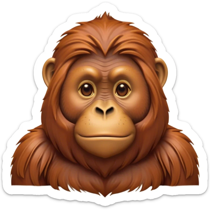 Cinematic Noble Orangutan Portrait Emoji, Poised and regal, with a robust, thoughtful build and deep, soulful eyes framed by rich, textured fur, Simplified yet sharp and sophisticated features, highly detailed, glowing with a soft, earthy glow, high shine, intelligent and contemplative, stylized with an air of ancient wisdom, focused and commanding, soft glowing outline, capturing the essence of a watchful and confident guardian that appears ready to step out of the screen with timeless authority! sticker