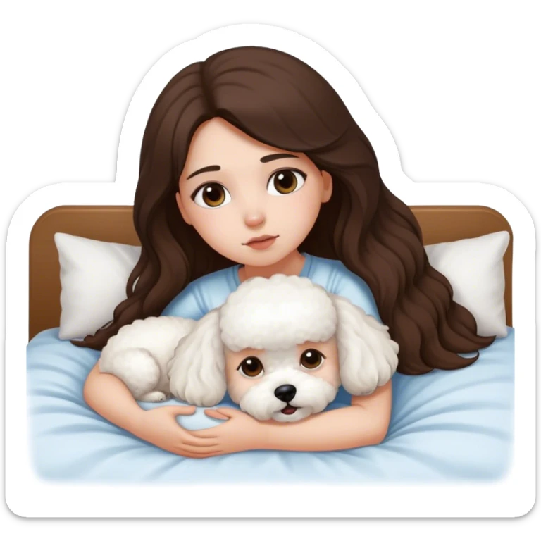 Brunette Long hair girl sick in bed by herslef with bichon frise dog sticker