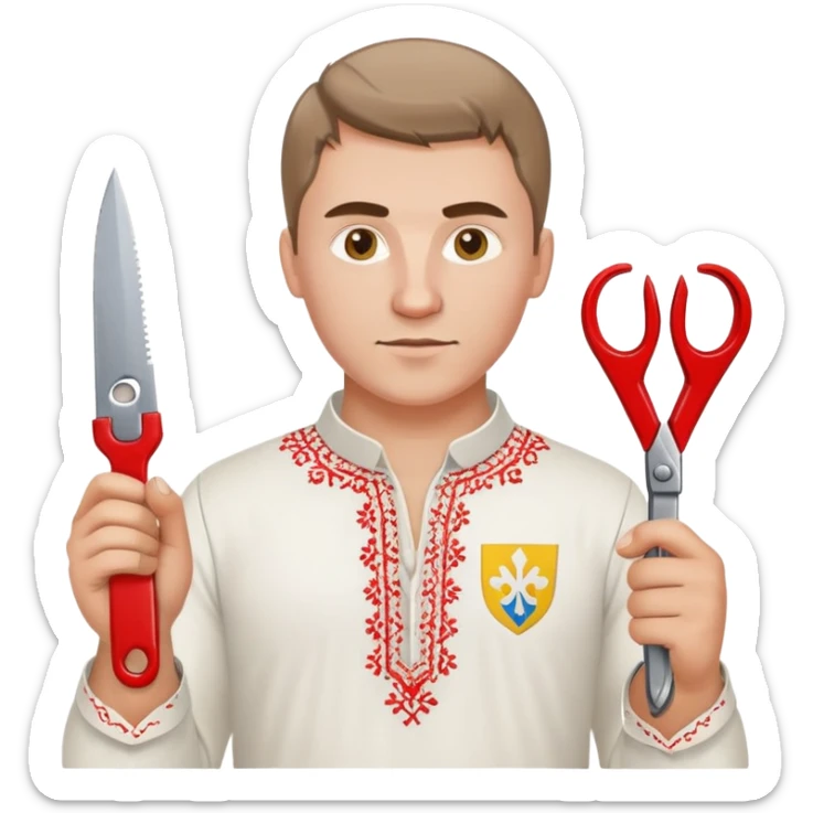 A Ukrainian man wearing traditional white embroidered vyshyvanka shirt holding red scissors in one hand and a spanner/wrench in the other hand sticker