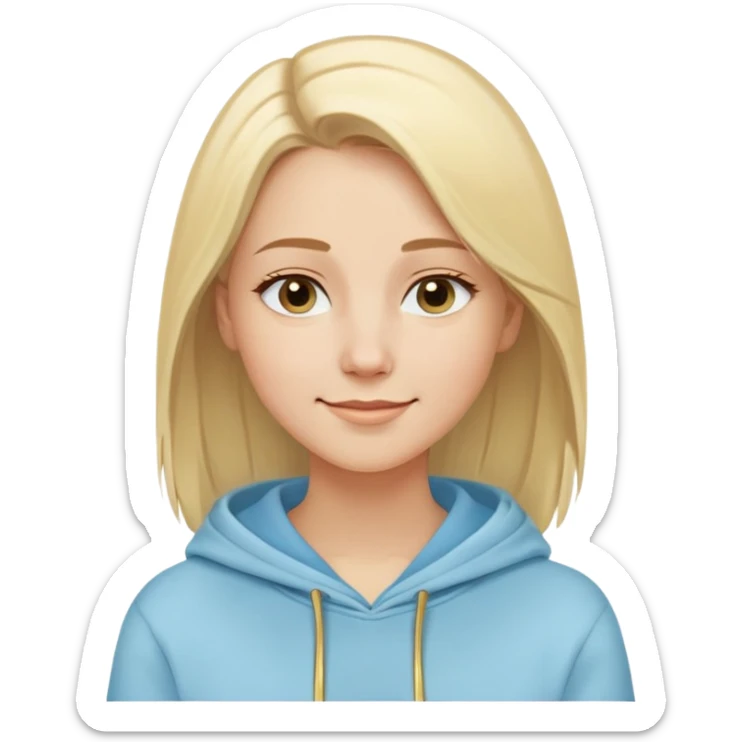 Caucasian woman, oval face, straight light blonde hair with side part, serene smile, dreamy expression, light blue hoodie with gold and white details sticker