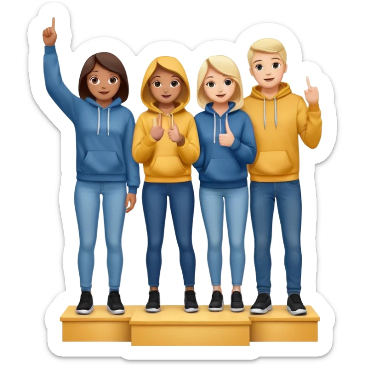 three people in jeans and hoodies on a winners podium with no label, middle step higher, center person holds up one finger on each hand, bright cheerful expressive emoji illustration sticker