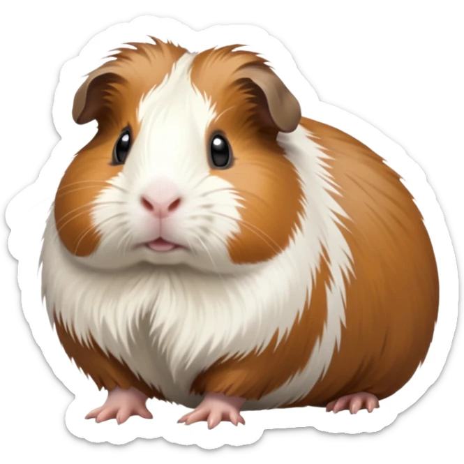 cinematic-[guinea pig]-realistic-full-body-standing-emoji,-tiny-paws-tucked-close,-head-tilted-dramatically,-fluffy-[brown and white]-fur,-simplified-yet-realistic-focused-features,-highly-detailed,-glowing-with-an-almost-sarcastic-glow sticker