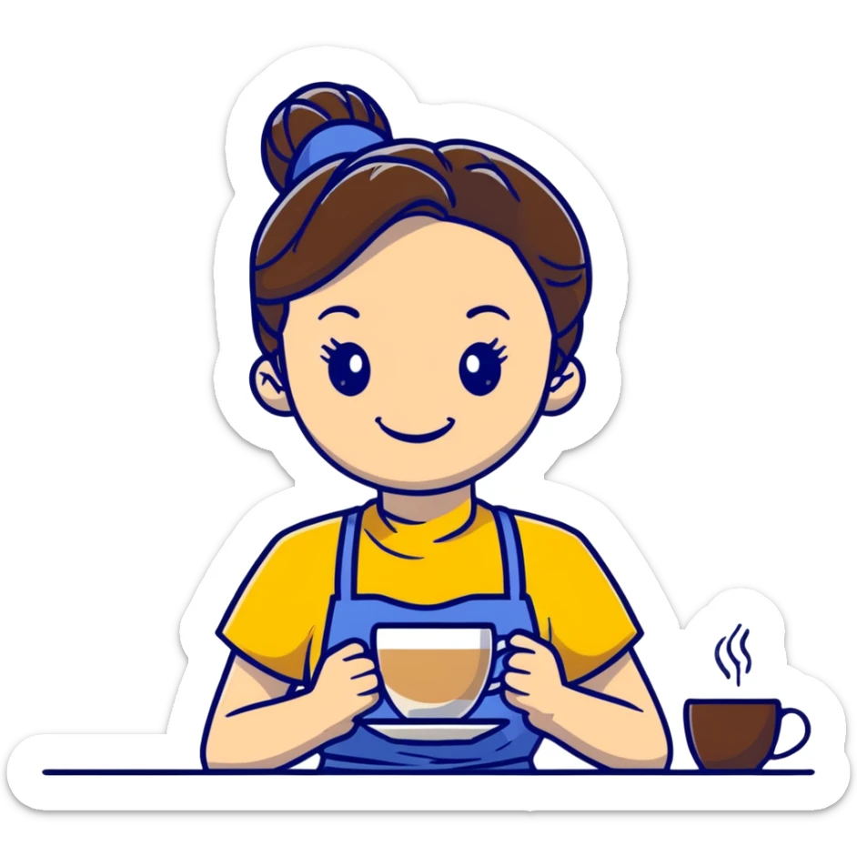 Cute brunette barista girl with hair in a bun wearing yellow shirt and dark blue apron, she's relaxed and making latte art, smiling at the coffee cup sticker