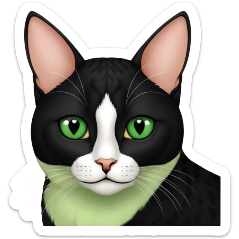 Haz una gata de ojos verdes la cara blanca con mancha negra en las orejas que agarra parte de la frente del lado der pero del iz va desde el ojo hasta la oreja la mancha, tiene la nariz negra en forma de corazón y todo lo que sobra de la cara, barbilla la nariz arriba y el lado de bigotes es blanca sticker
