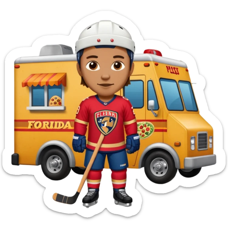 The galaxy with a with a Florida Panthers player
With a taco truck and a pizza truck with a house
With a museum behind it that has football players sticker