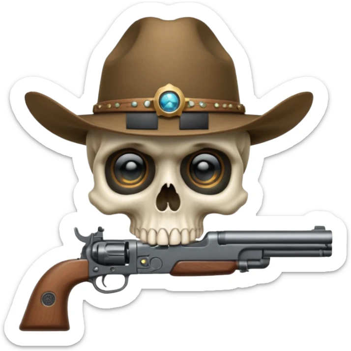A skull with a vowboy hat and a gun whith a scope sighn on his eye and min holding the gun rember skull sticker